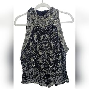 Papell Boutique Black and Silver Embellished Blouse